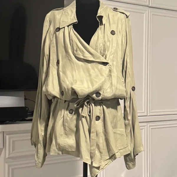 PNLP Sage Green Double Breasted Tie Waist Roll‎ Tab Sleeve Trench Lightweight - Image 4