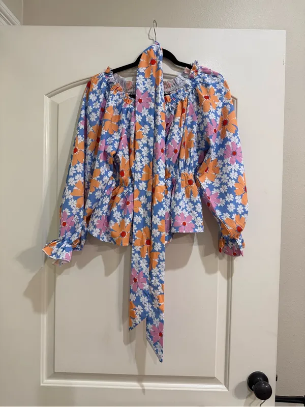 Pink Lily Tie At Waist Top With Orange Pink Blue Elastic Size Medium - Image 2