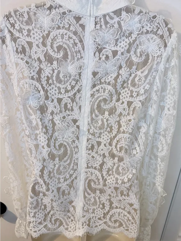 INA White Lace High Neck Blouse 3D Butterflies Size L Back Zipper - Image 12
