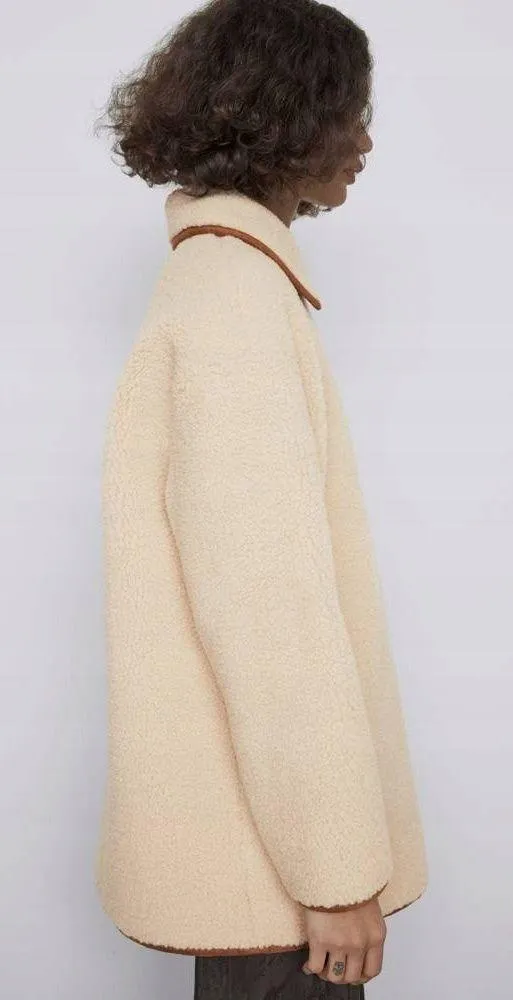 ZARA Tan Brown Cream Sherpa Suede Leather Button Down Coat Jacket - Image 9