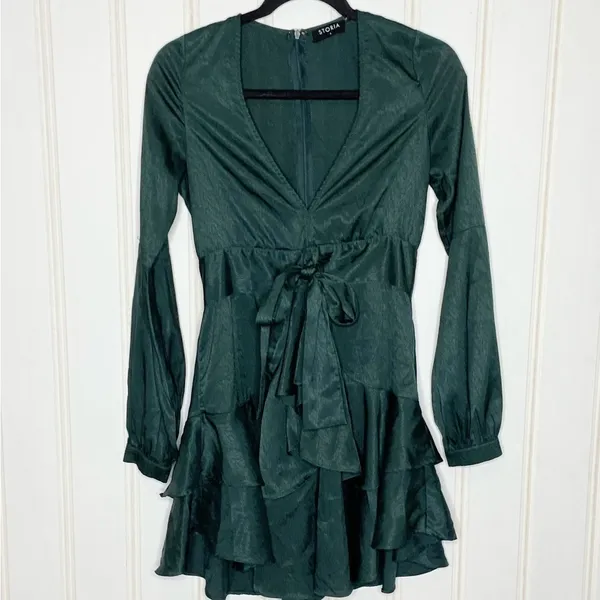 Storia Emerald Green Jacquard V-Neck Ruffle Mini Dress Small 857 - Image 9