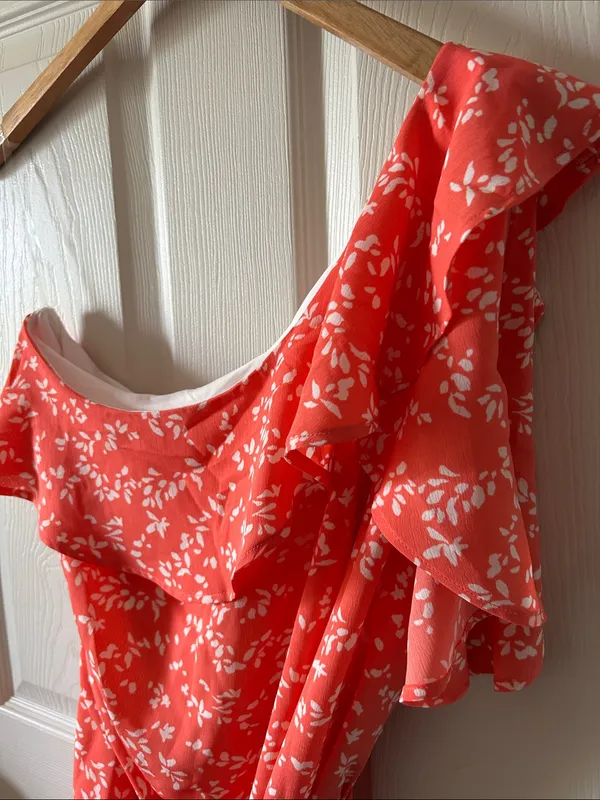 Gilli Sunday Best Floral Ruffle One Shoulder Coral Belted Dress Sz Med Fairycore - Image 3