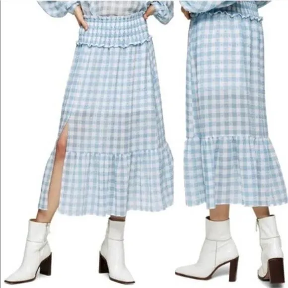 NWT Topshop Light Blue Gingham Check Midi Skirt Size 8 - Image 2