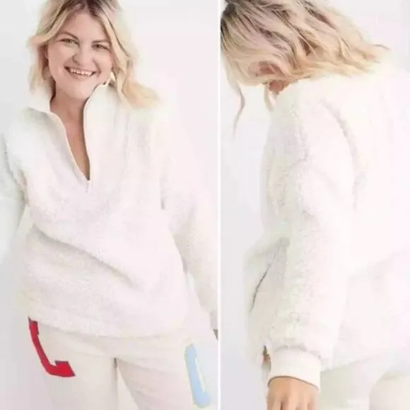 Aerie Fuzzy Fluffy Soft Pullover Warm Quarter Zip Sweater Cream Women's Small - Image 2