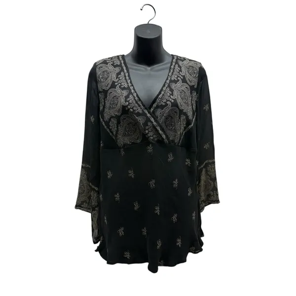 Y2K 100% Silk Boho Bell Sleeved Paisley Print V-Neck Blouse New York City CO - Image 2