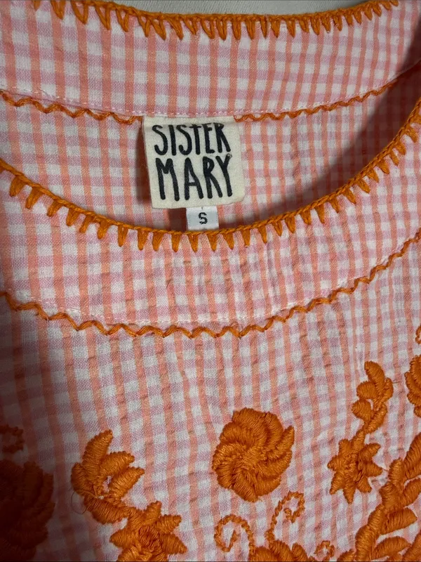 Sister Mary Veronica Pink Orange Checker Gingham Embroidered Floral Mini Dress S - Image 3