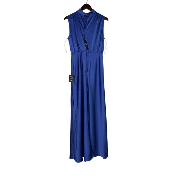 NWT Lulus Classic Elegance Satin Sleeveless Mock-Neck Slit Maxi Dress Large Blue - Image 6