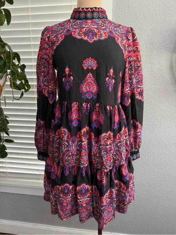 Anthropologie Mixed Printed Boho Mini Dress Size 0 Beaded - Image 3