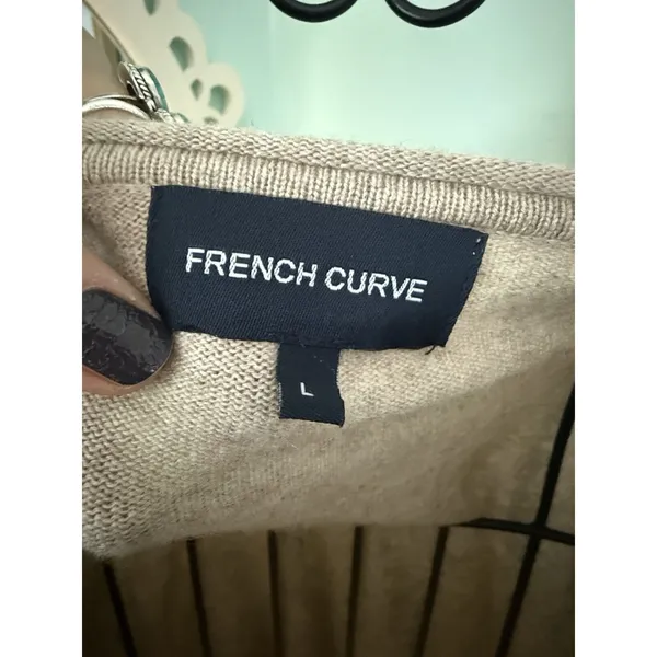 FRENCH CURVE large Sweater Cashmere Tan Oatmeal Cream‎ Top Pull Over Round Neck - Image 5