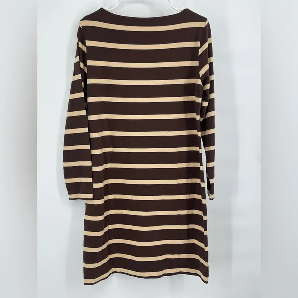 LL Bean Vintage Dress ‎ Brown Striped Long Sleeve Dress Casual Cotton Size 8 - Image 2