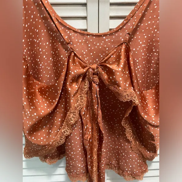 POL Burnt Orange White Polka dot Cami Open Tie Back Lace Trim Size M‎ - Image 5
