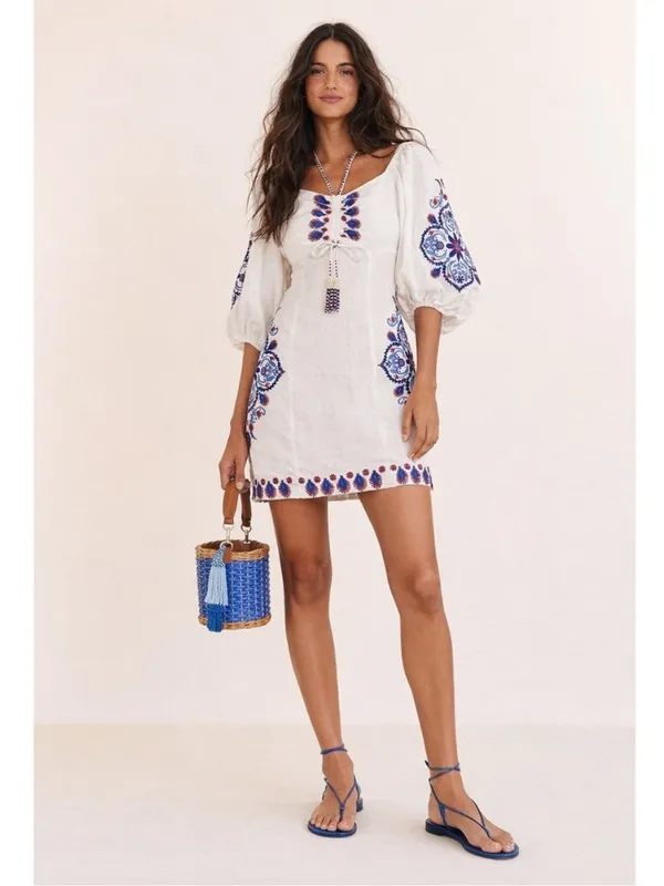 FARM Rio Off-White Navy Embroidery Mini Dress S - Image 10