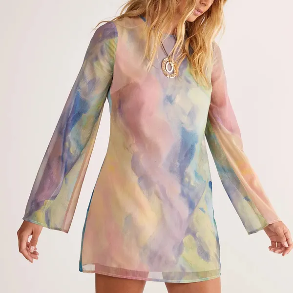 Nasty Gal Chiffon Marble Print Flared Sleeve Tunic Mini Dress - Image 2