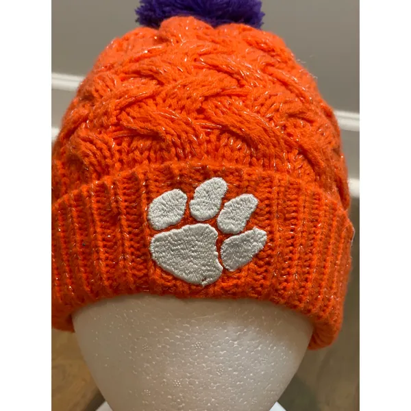 ’47 Brand Beanie One Size Orange Knit Metallic Thread Purple White Logo EUC - Image 2