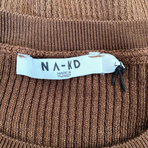 NA-KD Ribbed Knitted Round Neck Sweater Brown Neutral Stretch Size‎ Large - Image 4