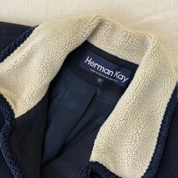 Herman Kay Vintage Women 12 Colorblock Wool‎ Coat Sherpa Collar Navy Grey Beige - Image 8