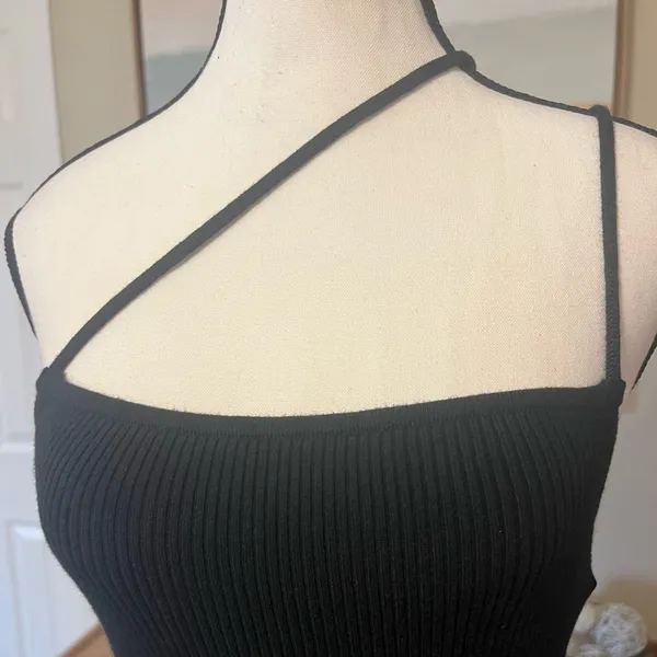 Abercrombie & Fitch Black Ribbed Asymmetrical Strappy Maxi Dress Small Tall - Image 3