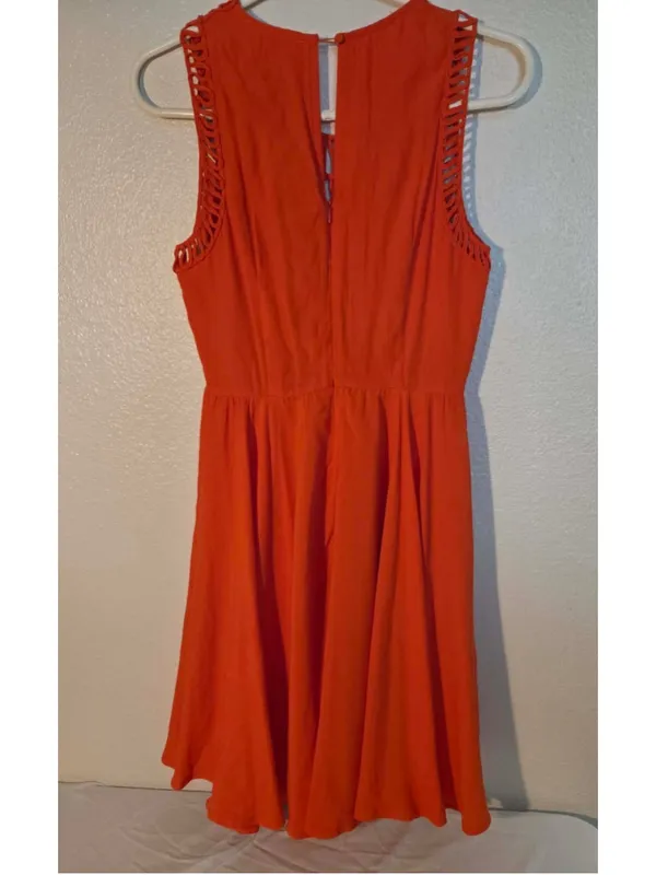 Pomelo Openwork Crochet Yoke Sleeveless Fit Flare Dress Rust Orange XS W-268 - Image 2