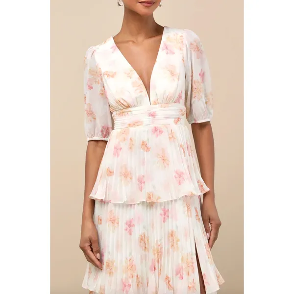 Lulus Jadia Ivory Floral Pleated Tiered Midi Dress Cocktail Party XL NWT - Image 3
