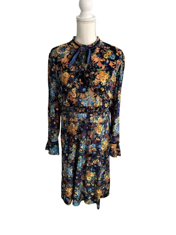 DALIA MACPHEE High Neck Velvet Floral Long Sleeve Dress Size XL - Image 6