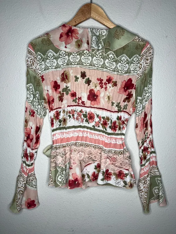 Y2K Vintage Pastel Floral Crinkle Textured Flared Sleeve Wrap Fairycore Blouse - Image 2