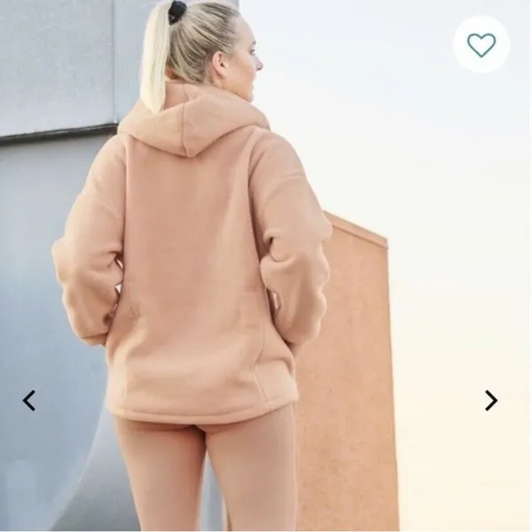 Fabletics Lotta Sherpa Half Zip Hooded Sweatshirt Jacket in peach tan - Image 3