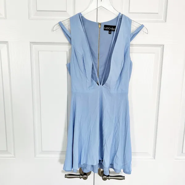 NBD x The Naven Twins No Secrets Periwinkle Plunge Fit & Flare Mini Dress - Image 4