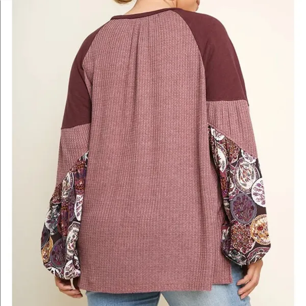 Umgee Waffle Knit Balloon Sleeve Sweater Top Sz Large Boho Patchwork - Image 3