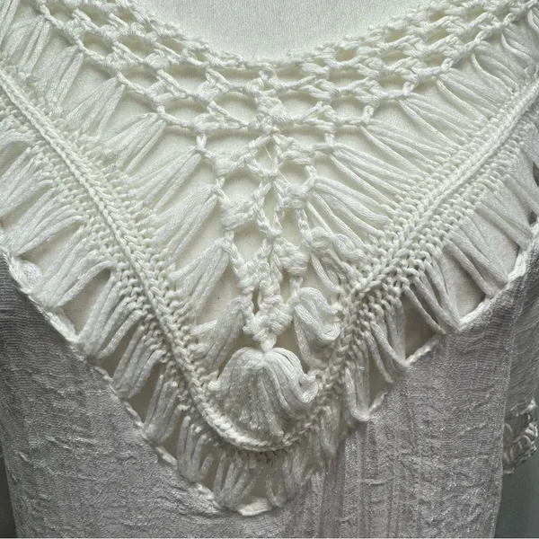 Boho Hippie White Gauzy Cotton & Crochet Lace with Fringe Top Size Medium - Image 6
