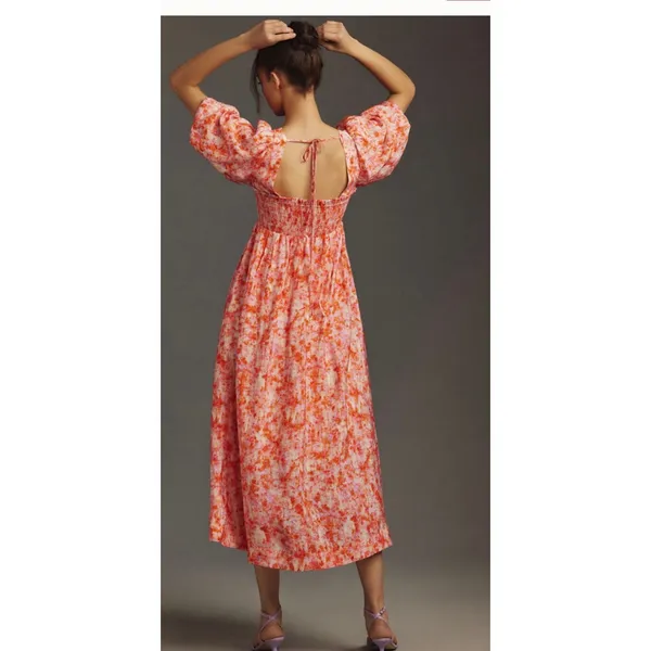 Anthropologie Smocked Babydoll Midi Dress Pink Orange Floral M Medium - Image 4