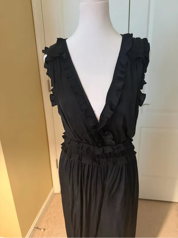 Black Ruffled V-Neck Women’s Satin Jumpsuit deep neckline - Image 2