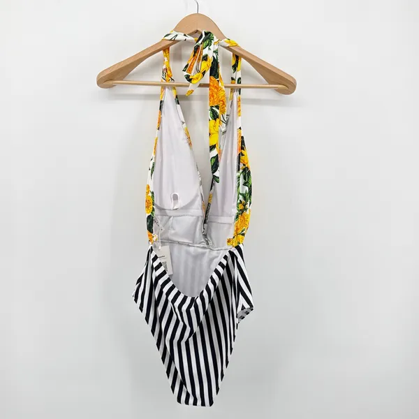 Cupshe Floral Striped One‎ Piece Halter Swimsuit NWT Yellow White Black MEDIUM - Image 3