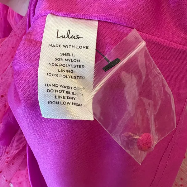 Lulus Dramatic Poise Magenta Pink Dot Tulle Puff Sleeve Tiered Mini Dress Size L - Image 7