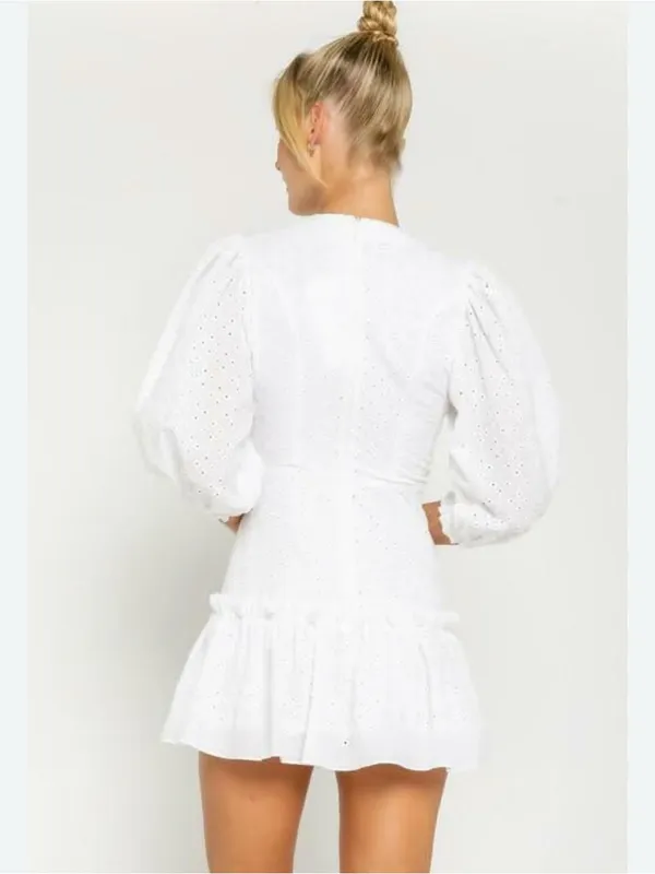 Olivaceous White Eyelet Puff-Sleeve Mini Dress - Image 2