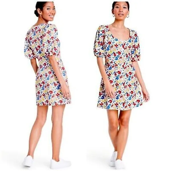 Rixo for Target Women's Linen Rayon Multi Floral‎ Puff Sleeve Button Dress 2 NWT - Image 2