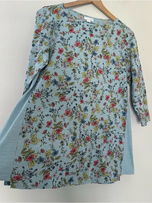 J Jill 100% Cotton Blue Floral 3/4 Sleeve Tunic Round Neck Lagenlook Classic - Image 3