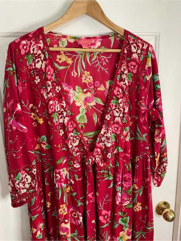 April Cornell Red Floral V Neck Milkweed Dress with Green Accents Size Medium - Image 4