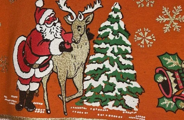 Jerzees Sweater All Over Graphic Print Vintage Ugly Christmas Sweatshirt Glitter - Image 4