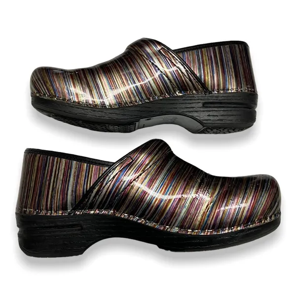 Dansko Womens Shoes 40 9.5 10 Striped Print Gold Copper Black Closed Back Clogs‎ - Image 3