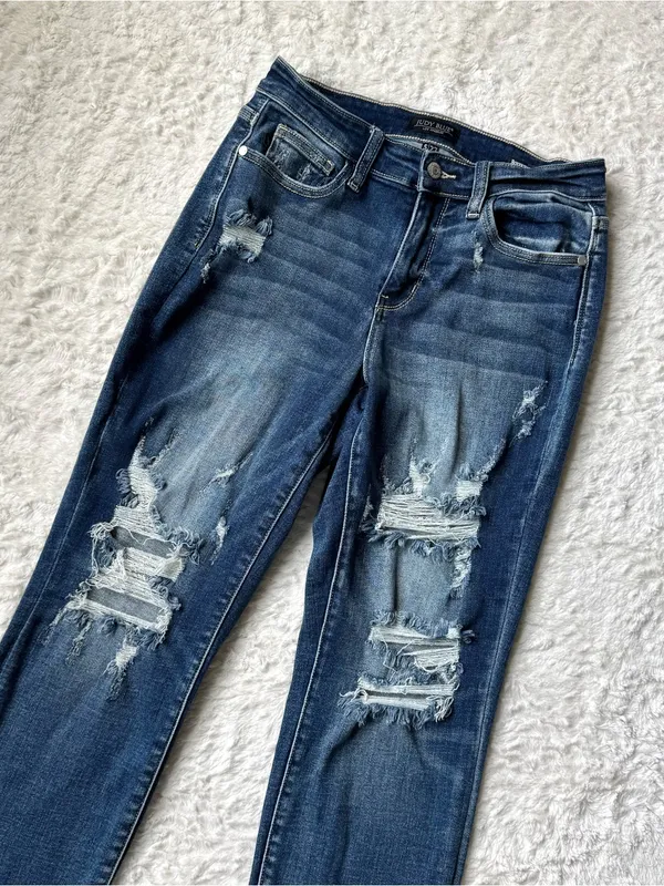 Judy Blue 5/27 Mid Rise Cuffed Destroyed Boyfriend Fit Jeans Distressed Denim - Image 3