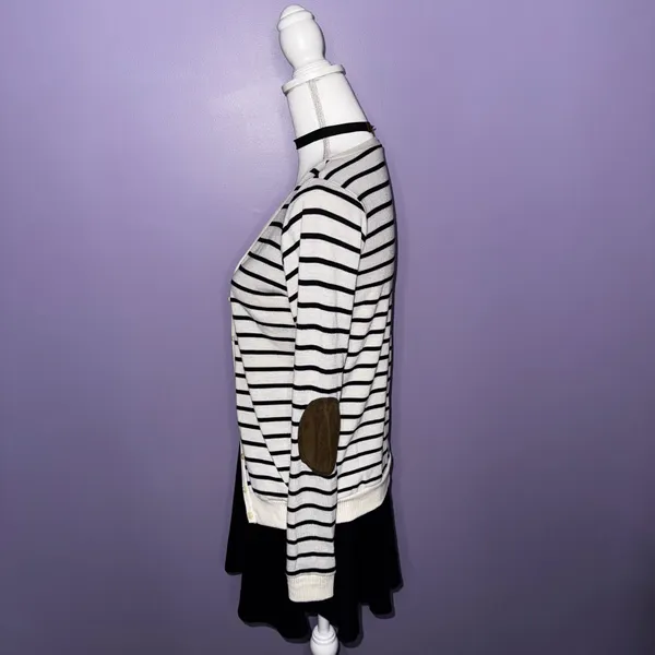 Poof! Striped Cream and Black Cardigan with Elbow Patches - Image 9