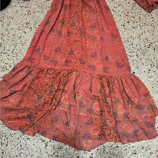Boemo Anthropologie Revolve Maxi Dress Coral Pink Sz M Ruffle Tiered Long Sleeve - Image 6
