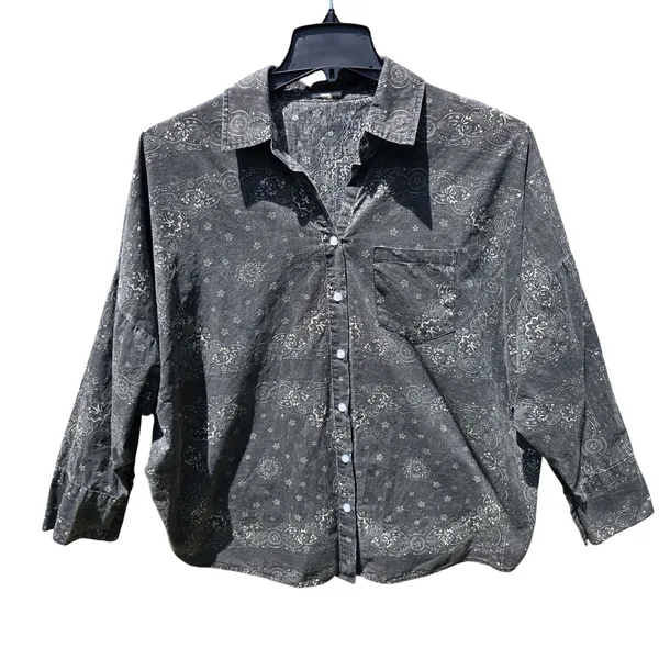 POL Clothing Paisley Bandana‎ Button Down Shirt Charcoal Grey Oversized FWT57 S - Image 2