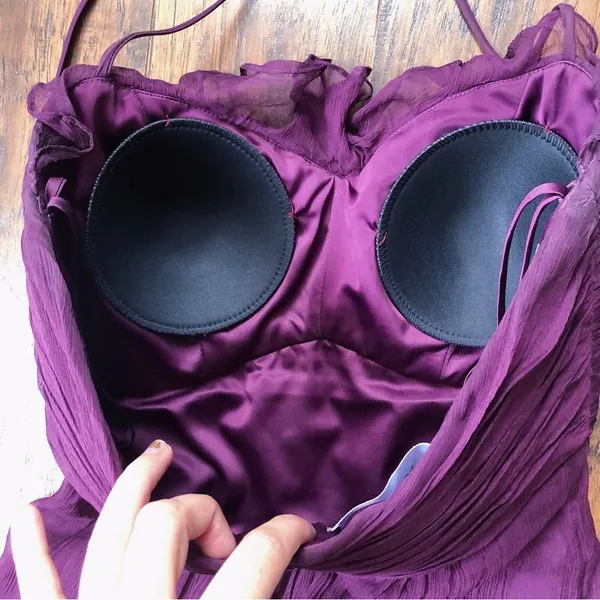 Amsale • plum silk chiffon dress bridesmaid crinkle halter purple formal G425C - Image 10