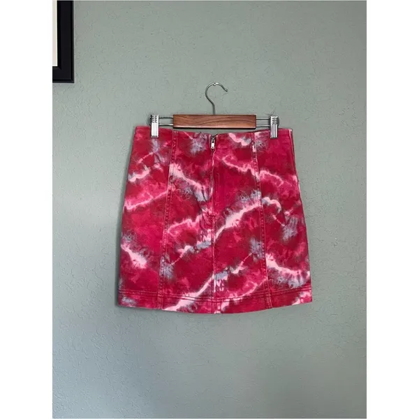 Free People Modern Femme Denim Mini Skirt Flamingo Flame Size 2 Small Tie Dye - Image 5