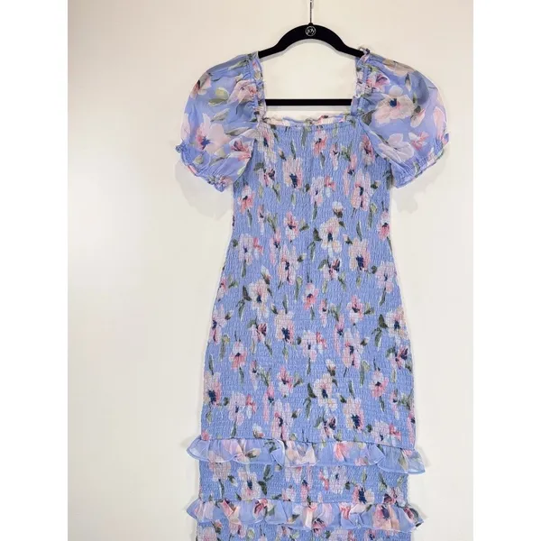 Abercrombie Fitch Dress Purple Smocked Midi Bodycon Floral Ruffle Coquette Small - Image 9