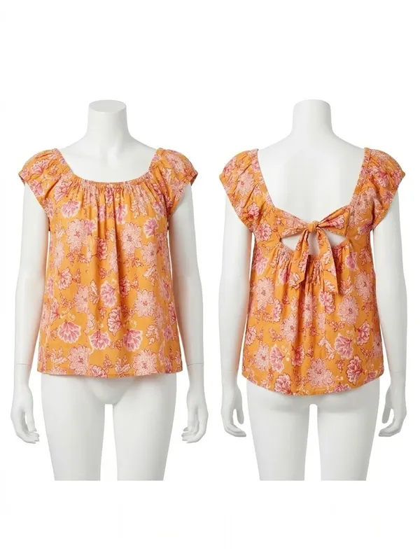 Old Navy Yellow Floral Tie Back Flutter Sleeve Boho Peasant Top XL - Image 2