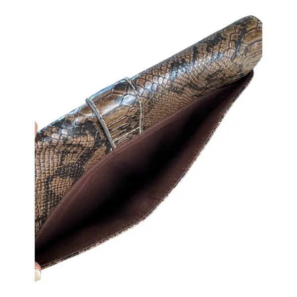 Brown Snake Print Vegan Leather Envelope Clutch Bag Gold Buckle Accent Mob Wife - Image 3