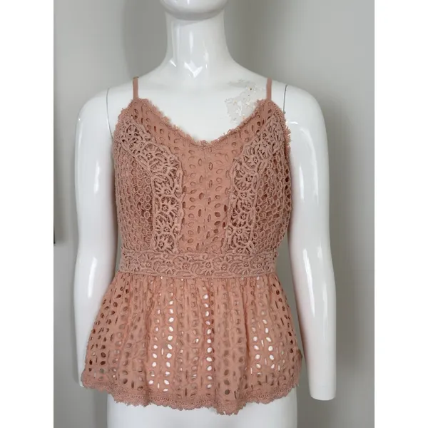 Japna Women’s Pink Floral Crochet Crop Top Boho Sleeveless Sweetheart Neck L - Image 2