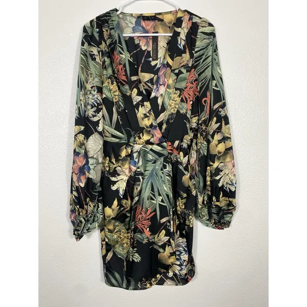 Miss Avenue Long Sleeve Black Floral Printed High Low Dress Size Medium Romantic - Image 4